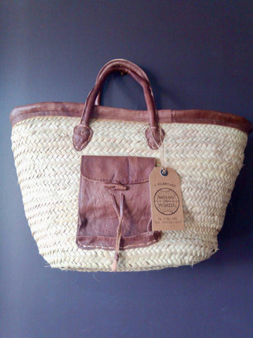 Market Basket Brown Leather Handles with Leather Pocket Medium