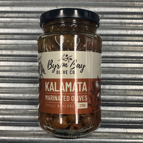 Byron Bay Pitted Kalamata Olives from the South Of France marinated in Herbs & Chilli 370g