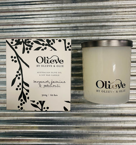 Olieve&Olie Olive Oil & Soy Wax Candle with Bergamot, Jasmine & Patchouli 300g