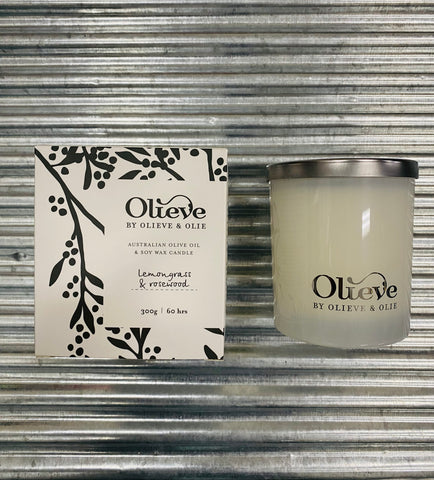 Olieve&Olie Olive Oil & Soy Wax Candle, Lemon Grass & Rosewood 300g