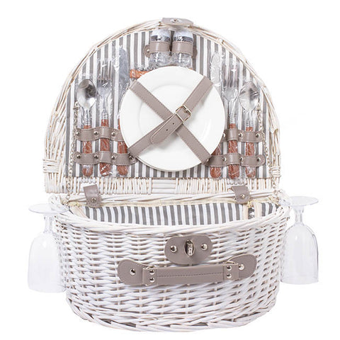 Deluxe Half Moon Picnic Basket Perfect for Two with Zip Cooler (White)