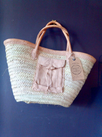 Market Basket Natural Leather Handles with Leather Pocket Medium